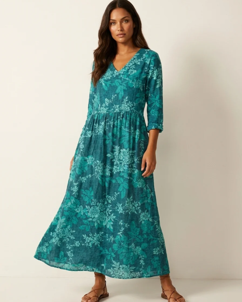 Marigold Maxi Ruha Nőknek – Virágos V-nyakú Ruha Zsebekkel, Elegáns, Laza Vágással