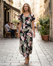 Sophie Maxi-mekko Naisille – Kukallinen Mekko Halkiolla Lyhyet Hihat Taskuilla Kesä