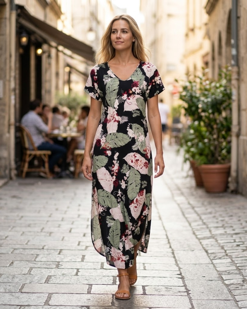 Sophie Maxi-mekko Naisille – Kukallinen Mekko Halkiolla Lyhyet Hihat Taskuilla Kesä