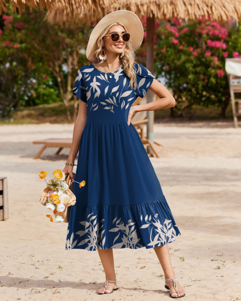 Emily Midikleid für Damen mit Volants – Sommerkleid mit ausgestelltem Schnitt, hoher Taille und Taschen