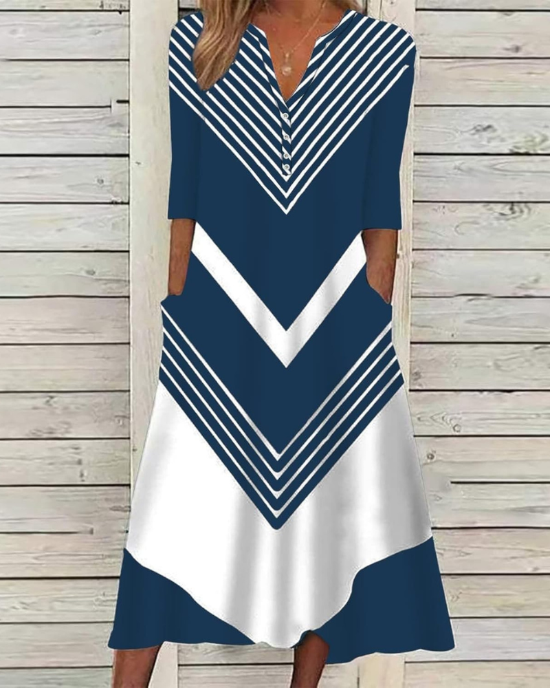 Vestido Midi Feminino Floral Jerlie – Decote V com Botões, Mangas Curtas, Bolsos Verão