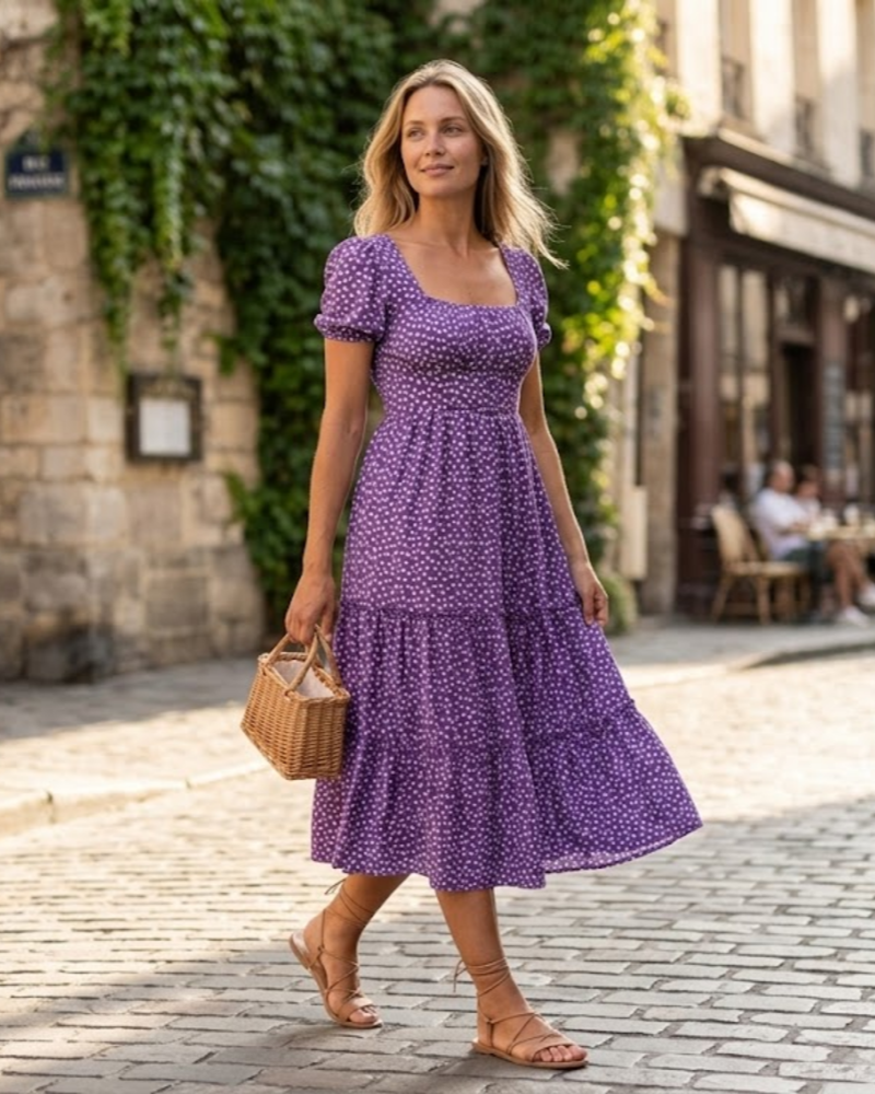 Aria Midi-jurk Dames Zomer – Bloemmotief Vierkante Hals Volantmouwen