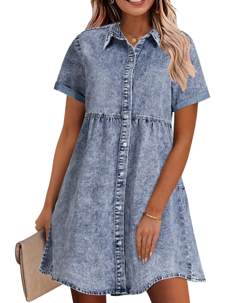 Vestido Camisón Emma para Mujer en Denim – Vestido Babydoll Abotonado con Volantes Superpuestos