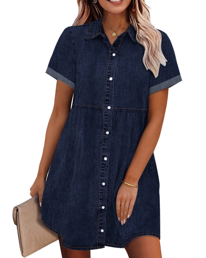 Vestido Camisón Emma para Mujer en Denim – Vestido Babydoll Abotonado con Volantes Superpuestos