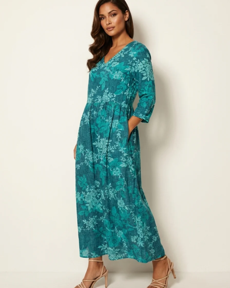 Marigold Maxi Ruha Nőknek – Virágos V-nyakú Ruha Zsebekkel, Elegáns, Laza Vágással