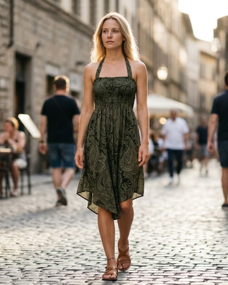 Abito lungo estivo da donna Luna – Stampa bohémien senza maniche e taglio drappeggiato