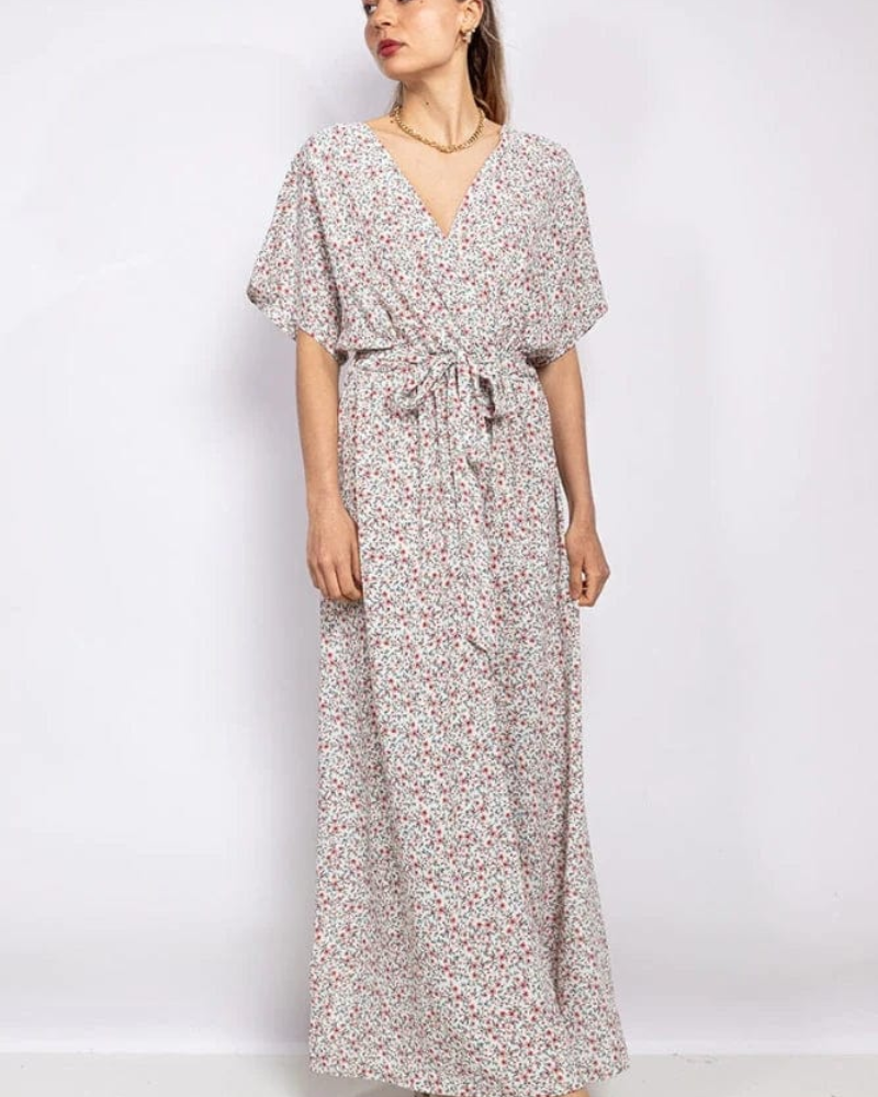 Ysaline Robe Maxi Femme – Robe Fleurie Bohème à Col V avec Ceinture à Nouer