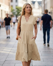 Vestido Midi Mila Mulher – Vestido Decote V com Folhos Sem Mangas com Bolsos Verão