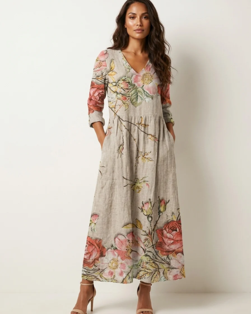 Marigold Maxi Ruha Nőknek – Virágos V-nyakú Ruha Zsebekkel, Elegáns, Laza Vágással