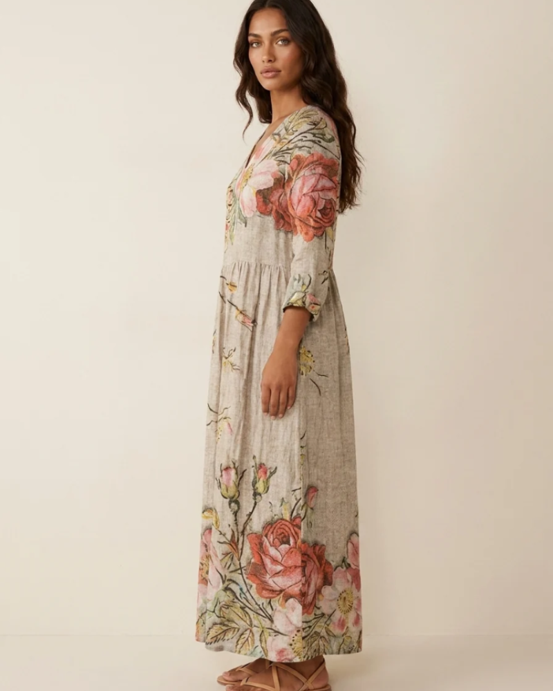 Marigold Maxi Ruha Nőknek – Virágos V-nyakú Ruha Zsebekkel, Elegáns, Laza Vágással
