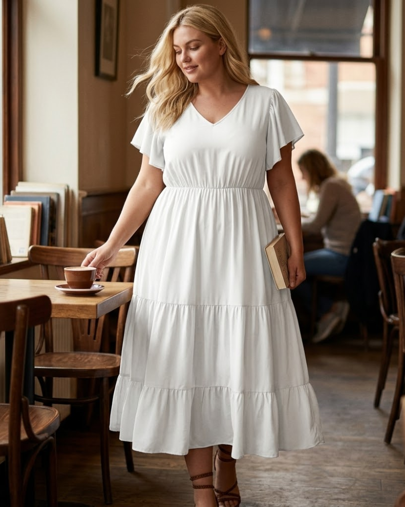 Manon Women's Dress – Bohemian V-Neck Short Sleeve A-Line Flowing Summer Dress Plus Size