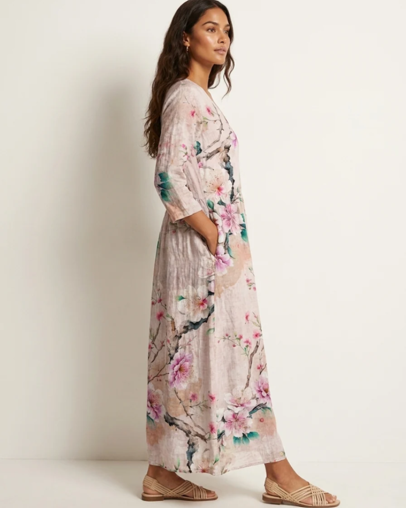Marigold Maxi Ruha Nőknek – Virágos V-nyakú Ruha Zsebekkel, Elegáns, Laza Vágással