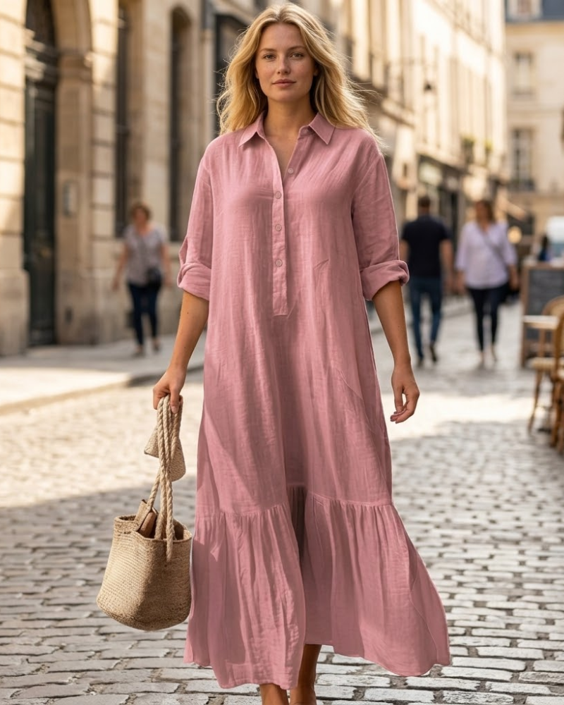 Vestido Longo Élina para Mulher em Algodão e Linho – Vestido Camiseiro Largo com Bainha Assimétrica