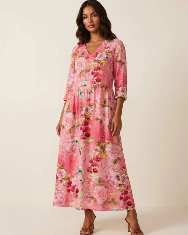 Marigold Maxi Ruha Nőknek – Virágos V-nyakú Ruha Zsebekkel, Elegáns, Laza Vágással