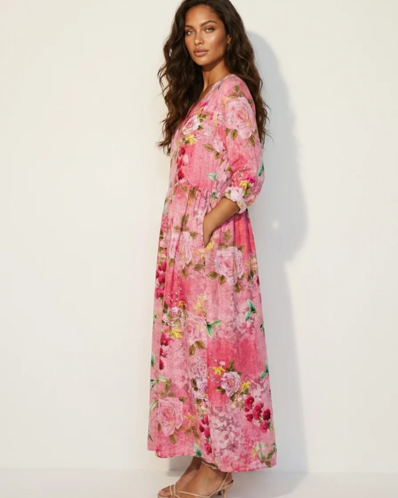 Marigold Maxi Ruha Nőknek – Virágos V-nyakú Ruha Zsebekkel, Elegáns, Laza Vágással