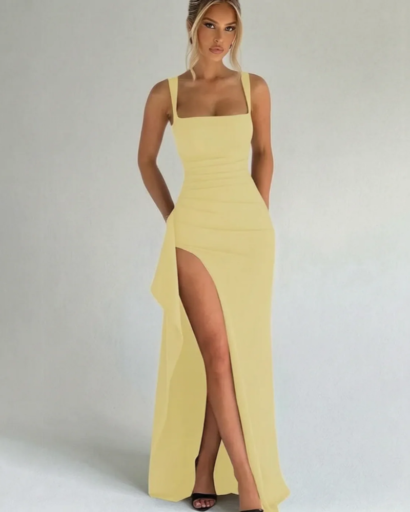 Vestido Maxi Felicity para Mujer – Vestido Largo Ajustado con Escote Cuadrado y Abertura Alta Elegante