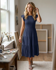 Louise Robe Midi Femme – Robe Été Smockée Manches Volantes Coupe A-Line Élégante