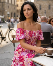 Juanna Midi Dress for Women Summer – Square Neck Smocked Dress with Puff Sleeves & Ruffles