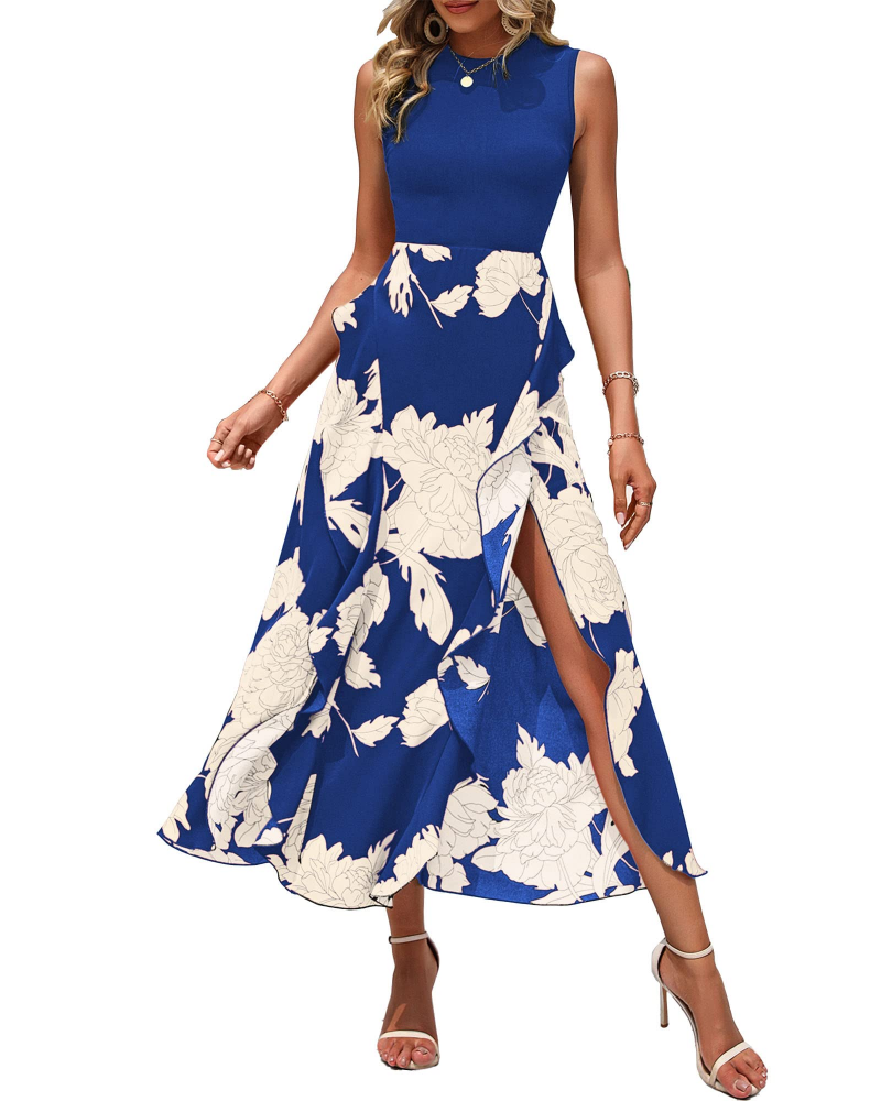 Zoey Midikleid mit Blumenmuster für Damen – ärmelloses Boho-Kleid mit hoher Taille und Volants