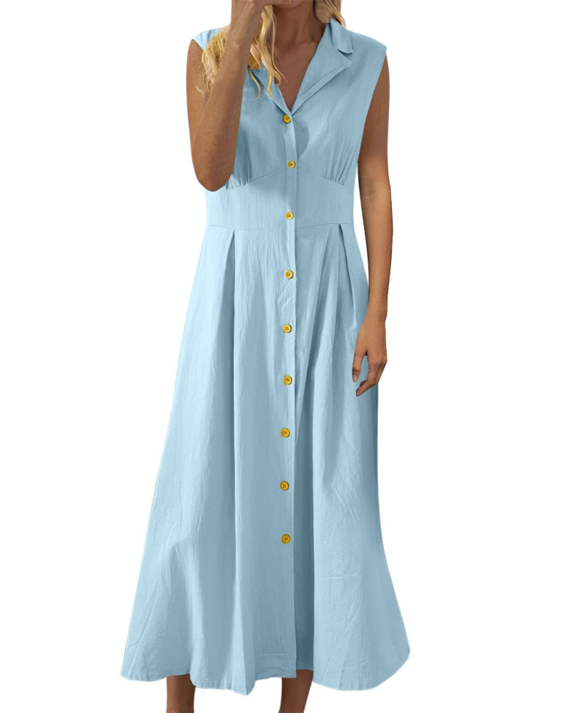 Avery Robe Femme Été – Lin Coton Sans Manches Boutonnée Bohème