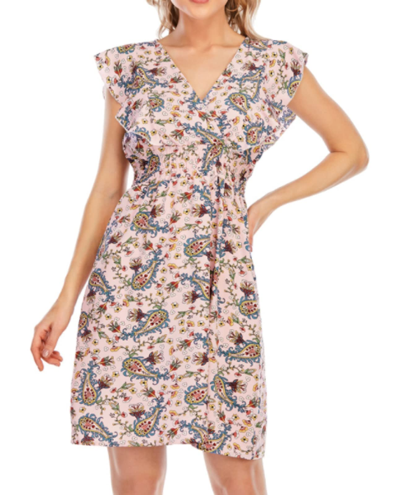 Abito Mini Celeste da Donna – Mousseline Floreale con Scollo a V e Volant Rosa