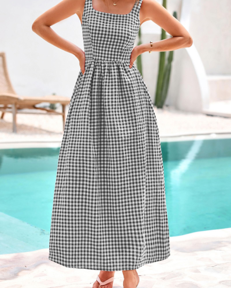 Opely Robe Maxi Femme Carreaux – Col Carré Bretelles & Taille Smockée