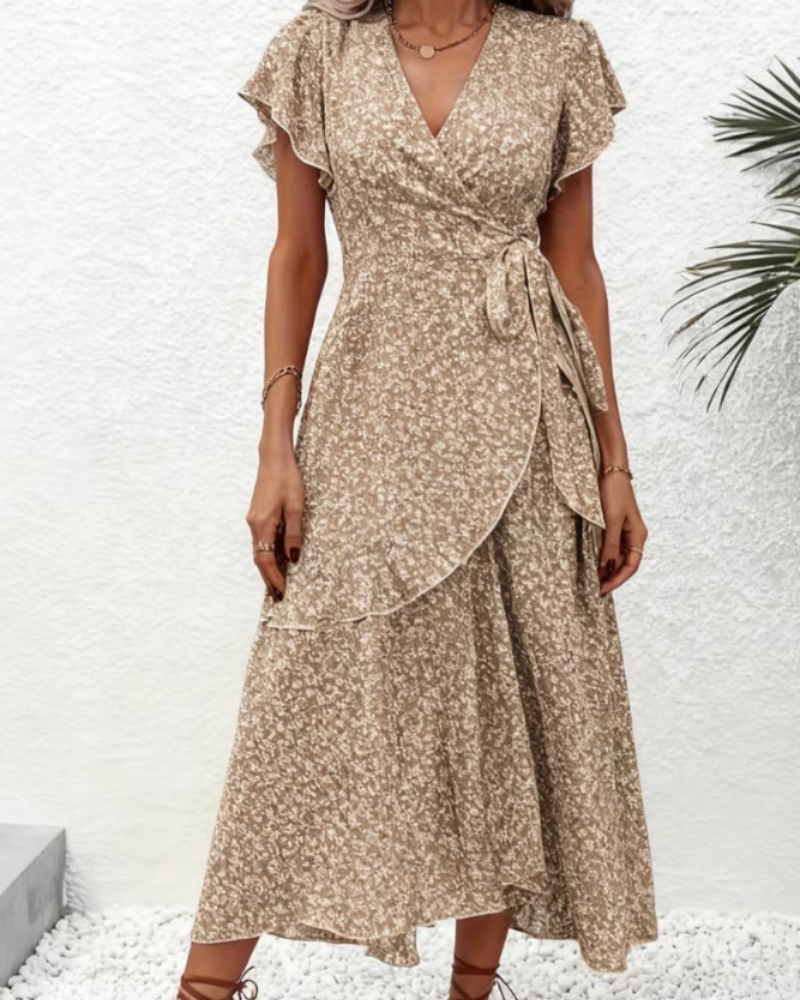 Celeste Robe Midi Fleurie Femme – Robe Col V Taille Empire avec Ceinture
