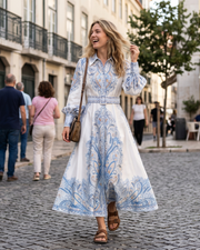 Vestido Vivienne para mujer – Vestido floral con cinturón, cuello clásico, corte elegante midi