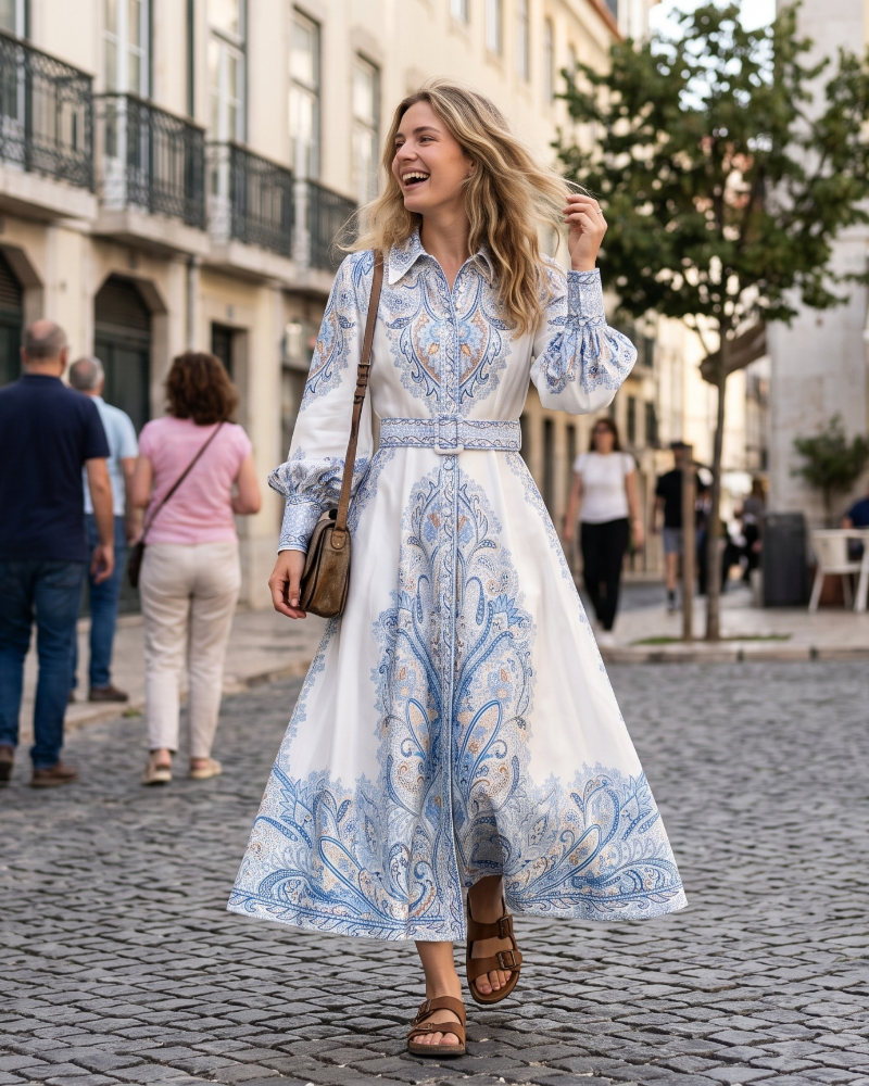 Vestido Vivienne para mujer – Vestido floral con cinturón, cuello clásico, corte elegante midi