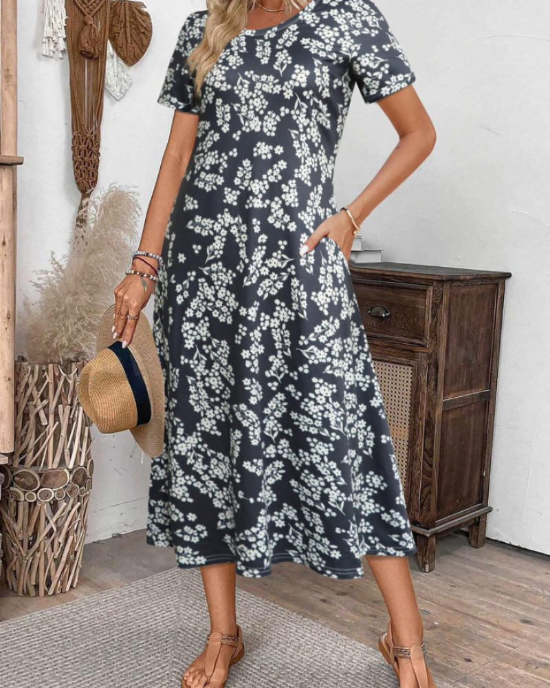 Briony Midikleid mit Blumenmuster für Damen – Kleid mit Rundhalsausschnitt, kurzen Ärmeln und weiter Passform