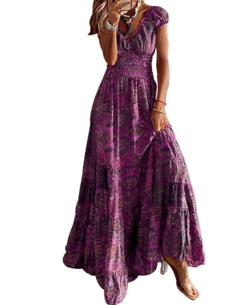 Charl Robe Maxi Femme Été – Fleurie Col V Manches Courtes