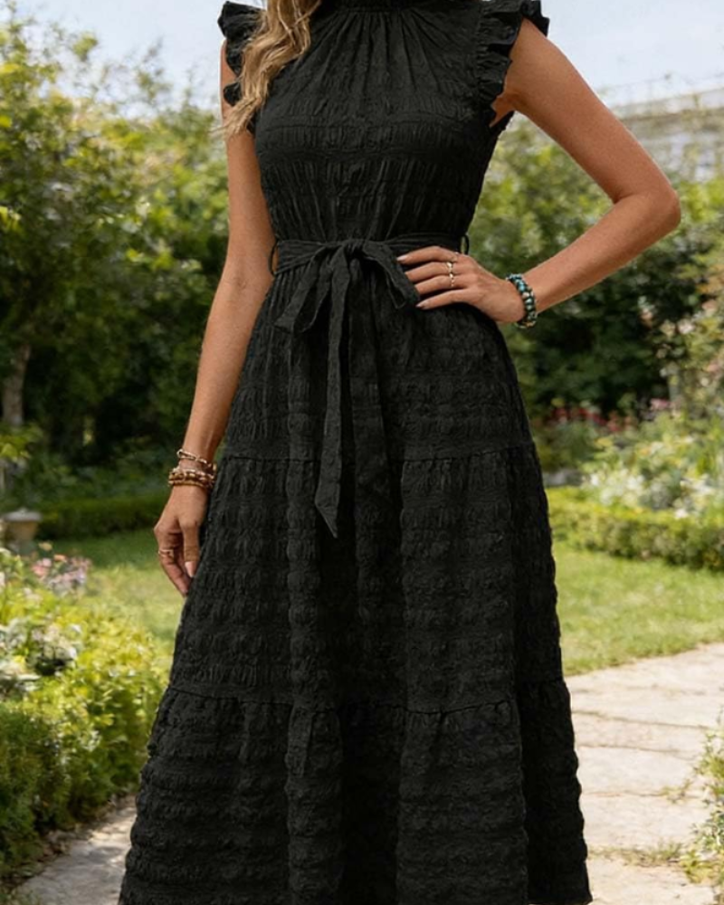 Corinne Robe Brodée Femme – Robe Trapèze Sans Manches avec Ceinture