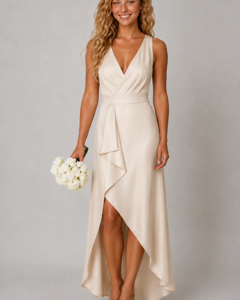 Adeline Robe Midi Femme – Robe Asymétrique Col V Profond Coupe Fluide Élégante