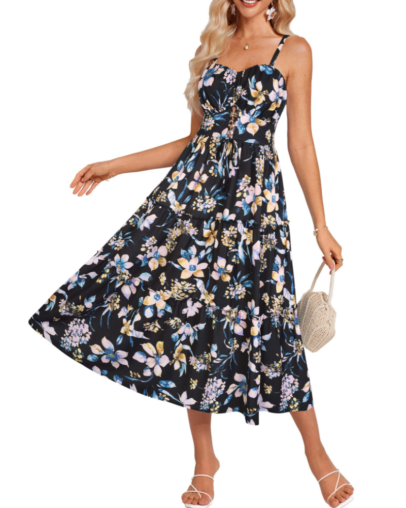 Kayla Robe Midi Femme Été – Florale Bretelles Réglables & Poches