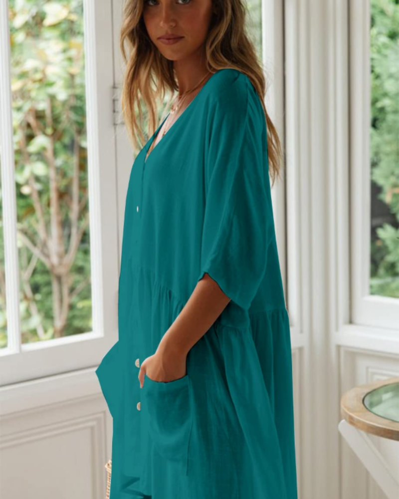 Blythe Dame Strandkjole – Oversized V-hals Kjole med Lommet i Rayon