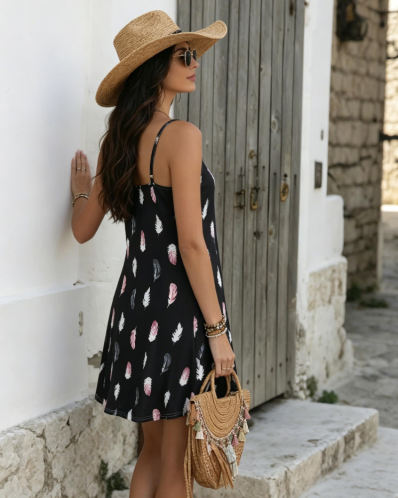 Ember Robe Mini Femme – Robe d'Été Col V à Bretelles Fines Coupe Ample