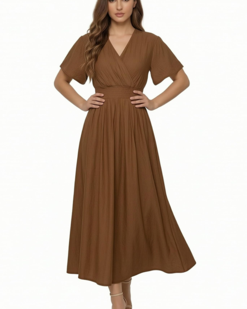 Vestido Maxi Sarai para Mulher Verão – Liso com Decote em V, Mangas com Folhos, Cintura Elástica