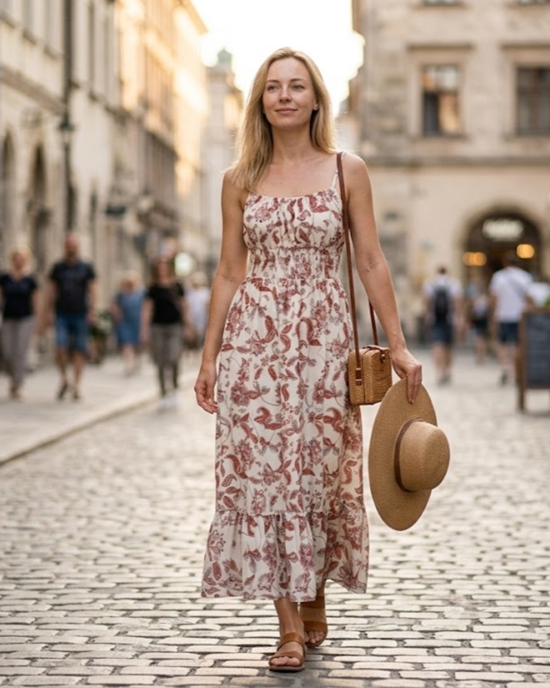 Piper Maxi-jurk voor dames – geplooid met bloemenprint en verstelbare smalle bandjes