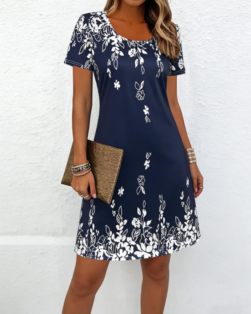 Imogen Printed Midi Dress for Women – Elegant Round Neck Short Sleeve Dress