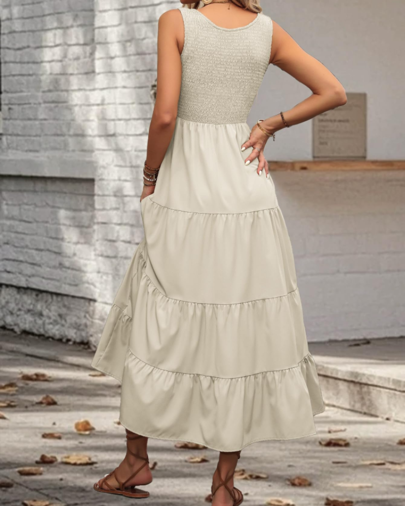 Scarlett Robe Midi Femme – Robe Sans Manches Col Carré à Volants Élégante