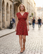 Vestido Mini Ada para Mulher – Musselina Floral com Decote em V e Folhos Vermelho