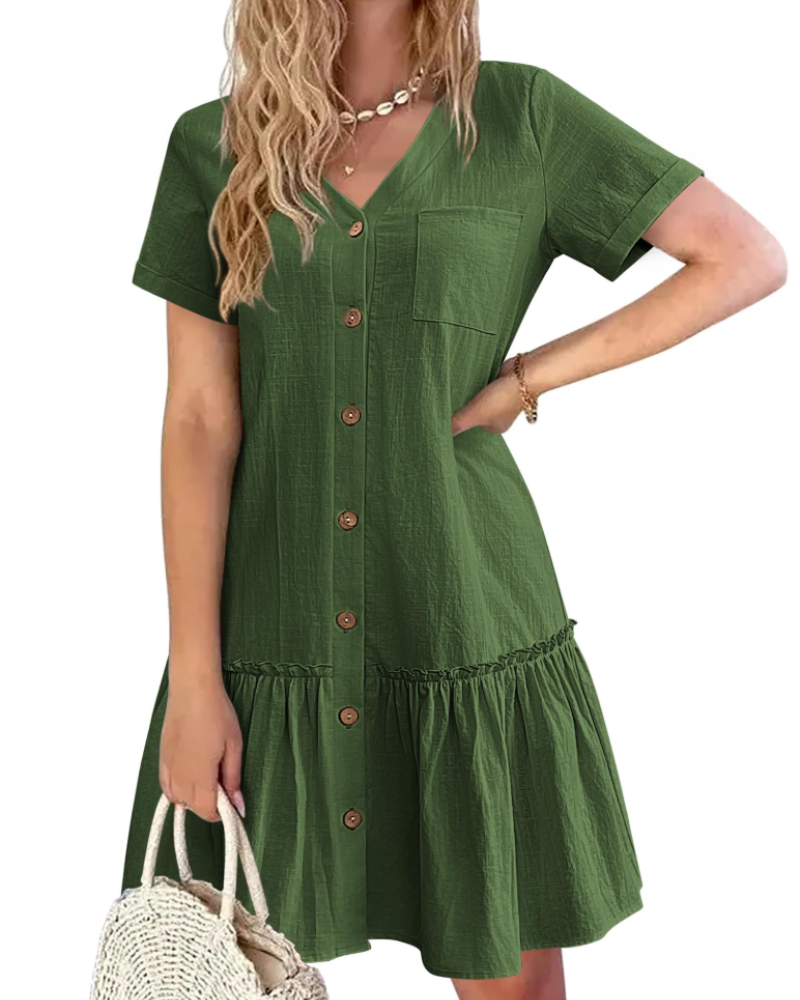 Claudia Robe Coton Lin Femme – Robe Col V Boutons Bois avec Jupe Plissée