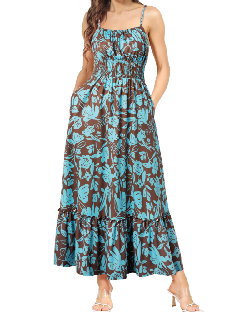 Vestido Maxi Piper para Mulher – Floral Plissado com Alças Finas Ajustáveis