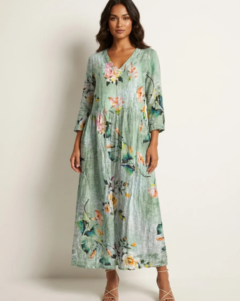 Marigold Maxi Ruha Nőknek – Virágos V-nyakú Ruha Zsebekkel, Elegáns, Laza Vágással