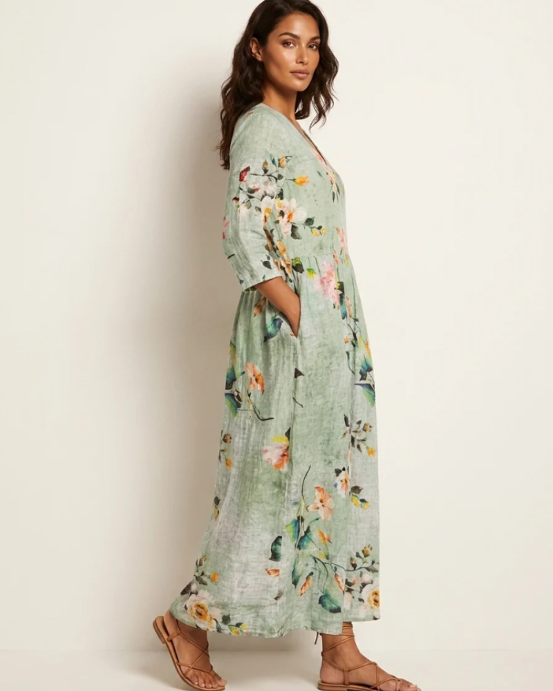 Marigold Maxi Ruha Nőknek – Virágos V-nyakú Ruha Zsebekkel, Elegáns, Laza Vágással
