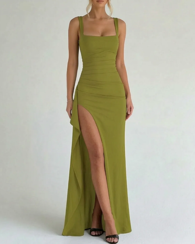 Vestido Maxi Felicity para Mujer – Vestido Largo Ajustado con Escote Cuadrado y Abertura Alta Elegante