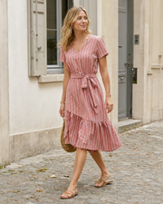 Éléonore Abito midi da donna – Abito bohémien a righe con cintura da annodare e scollo a V
