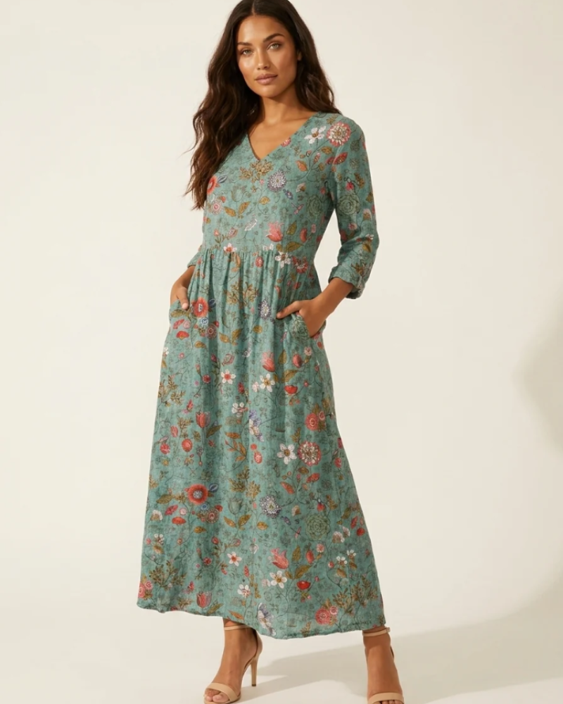 Marigold Maxi Ruha Nőknek – Virágos V-nyakú Ruha Zsebekkel, Elegáns, Laza Vágással