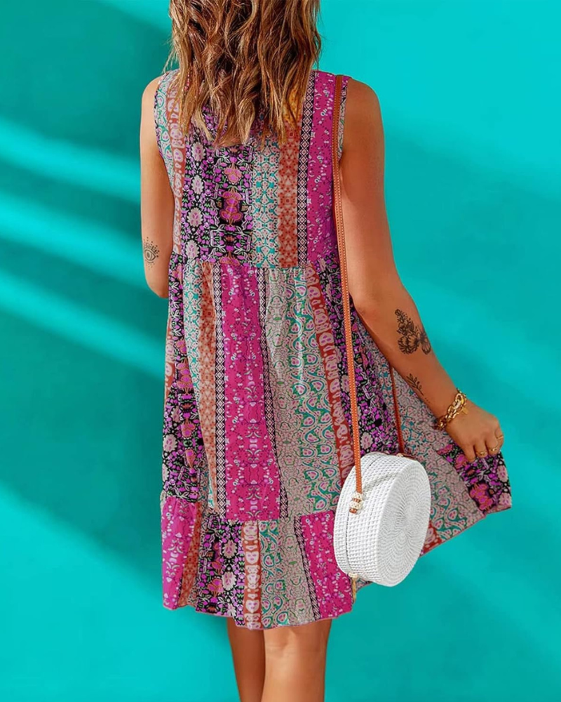 Vestido Luna Mulher Mini Floral – Decote em V, Sem Mangas, Corte A-Line Boémio Verão