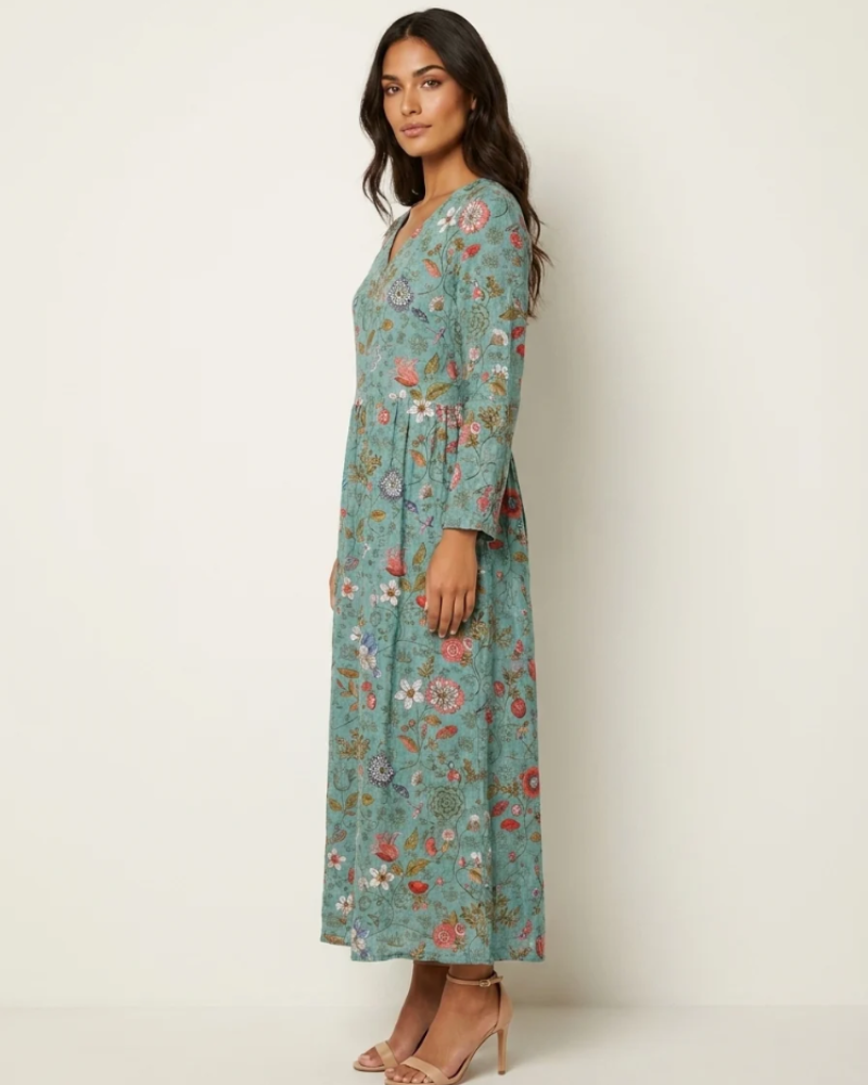 Marigold Maxi Ruha Nőknek – Virágos V-nyakú Ruha Zsebekkel, Elegáns, Laza Vágással